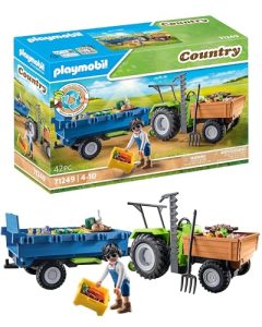 PLAYMOBIL Country 71249 Tractor con Remolque Incl, Cajas de Transporte, Tractor Verde para la Granja ecológica, Juguete sostenible para niños a Partir de 4 años