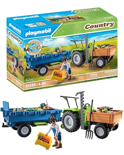 PLAYMOBIL Country 71249 Tractor con Remolque Incl, Cajas de Transporte, Tractor Verde para la Granja ecológica, Juguete sostenible para niños a Partir de 4 años