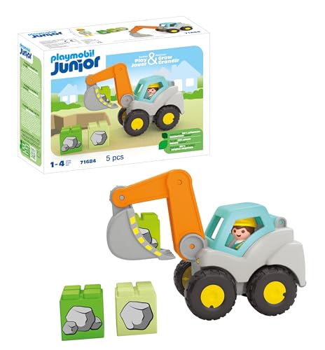 PLAYMOBIL Junior 71684 Pala Excavadora, Incluye Techo de Cabina Plegable y Piedras apilables, Juguete sostenible Hecho de plásticos a Base de Plantas, Juguetes para niños a Partir de 1 año