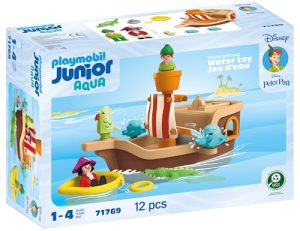 PLAYMOBIL Junior & Disney, Peter Pans Pirata Barco, Juguete sostenible a Partir de 1 año, Regalo para niños pequeños, Promueve Las Habilidades motoras y el Juego de rol, Barco Pirata con Figuras