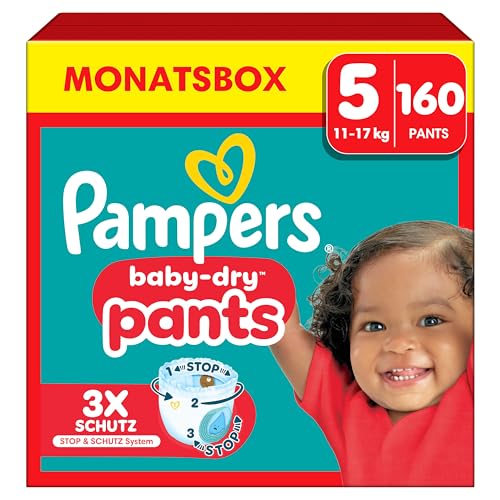 Pampers Baby-Dry Pants talla 5, 160 pañales, 11 kg-17 kg, ajuste de 360° ayuda a prevenir fugas