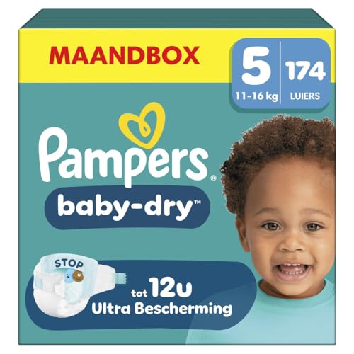 Pampers Pañales tamaño 5 (11 – 16 kg) Baby Dry, Junior, caja de meses, hasta 12 horas de protección contra fugas, 1 paquete, 174 unidades