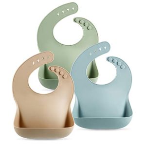 PandaEar (Paquete de 3 Lindos Baberos de Silicona para Bebés y Niños Pequeños (10-72 Meses) Impermeables, Suaves, Unisex, No Desordenados (Marrón/Azul/Verde)