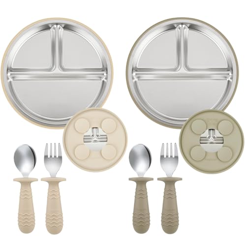 PandaEar Set de 2 Platos de Acero Inoxidable con Ventosa para Bebé y Set de 2 Cucharas y Tenedores, Utensilios para Bebé, Platos Divididos para Alimentación Autónoma, Sin BPA (Beige/Nogal)