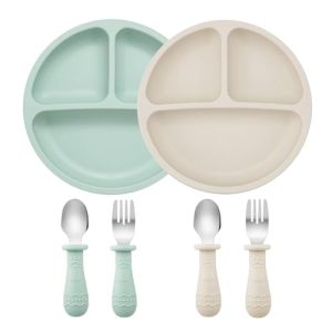 PandaEar Set de Alimentación para Bebés | 2 Platos Divididos con Ventosa de Silicona, 2 Juegos de Cucharas y Tenedores para Bebés | Utensilios de Autoalimentación (Verde y Blanco)