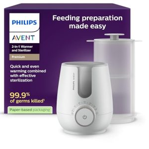Philips Avent Premium calentador y esterilizador 2 en 1 con tecnología de baño de agua estándar de calidad hospitalaria, sensor de temperatura inteligente, prevención de zonas calientes, SCF359/00