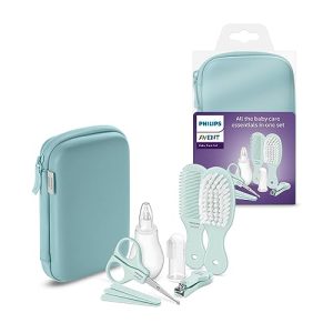 Philips Avent SCH401/00 – Kit de iniciación con 9 accesorios: cortaúñas, tijeras, 3 limas de uñas, peine, cepillo para el pelo, aspiradora nasal y cepillo de dientes de dedo (modelo SCH401/00)