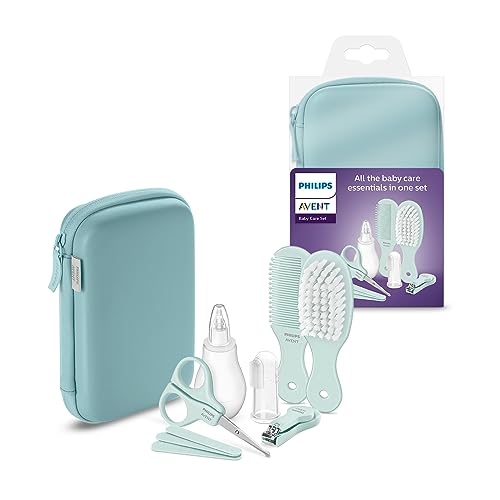 Philips Avent SCH401/00 – Kit de iniciación con 9 accesorios: cortaúñas, tijeras, 3 limas de uñas, peine, cepillo para el pelo, aspiradora nasal y cepillo de dientes de dedo (modelo SCH401/00)