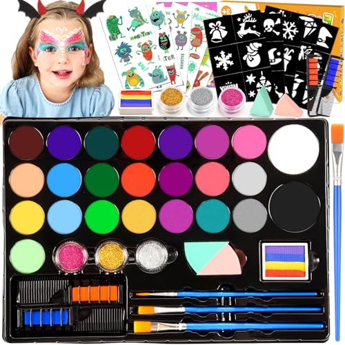 Pinturas Cara para Niños, 28 Colores Pintacaras Infantil con 30 Tatuajes Plantillas Diadema de Monstruo, Hipoalergénica Maquillaje Carnaval Halloween Pascua Regalo 3-10 Años