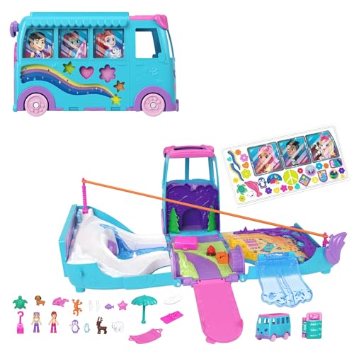 Polly Pocket Aventura en la autocaravana de mascotas Conjunto de juego con muñequitas y autocaravana transformable, con accesorios como mascotas y vehículo de juguete, JCC22