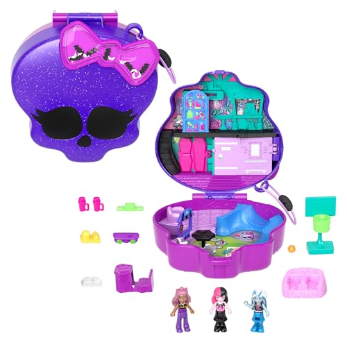 Polly Pocket Estuche Monster High Set de Juego con 3 muñecas y Accesorios, se Convierte en Instituto, Juguete +4 años (Mattel HVV58)