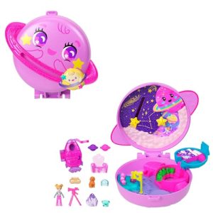 Polly Pocket Estuche Planeta Polly en el espacio exterior Conjunto de juego y muñeca, juguete de viaje con una muñequita, un cachorrito y accesorios temáticos, JCB18