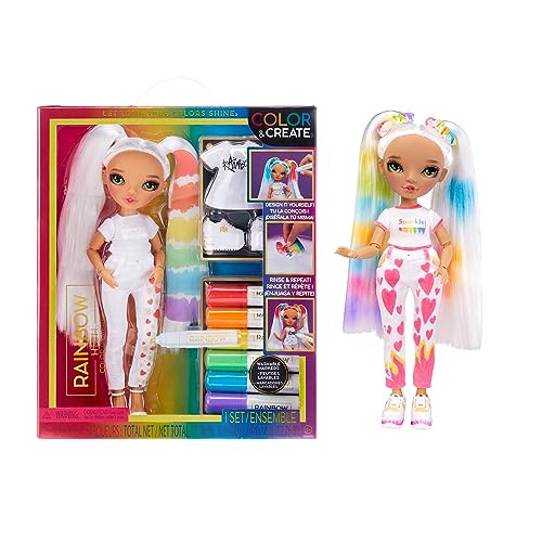 Rainbow High Colour & Create Fashion Muñeca DIY – Ojos verdes, coletas, top y zapatos extra y rotuladores lavables arcoiris – Colorea, crea, juega, aclara y repite – Para niños y niñas de 4 a 12 años