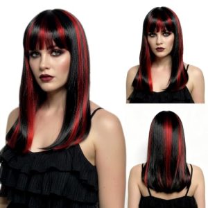 SAIIURV Peluca Mujer Largo Peluca Negra Roja Pelucas de Vampiro Mujer Pelucas de Halloween Accesorios Disfraces de Vampiro Góticos Malvados para Halloween Carnaval Fiestas Cosplay (Negro Rojo)