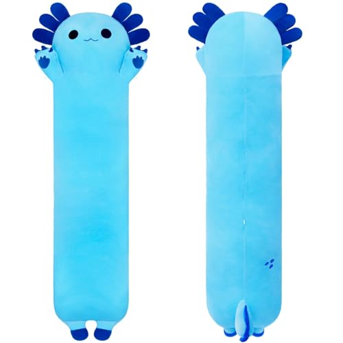 SNOWOLF Cojín Largo de Peluche de Axolotl, Juguete de Peluche Suave Kawaii de Peluche, Adorable cojín de Abrazo para niños (50 cm, Azul)