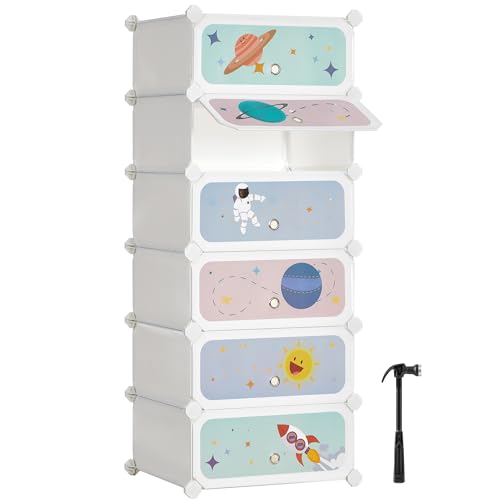 SONGMICS Estantería Modular Infantil de 6 Cubos, Zapatero para niños, Estantería plástico, Armario Modular con Puertas, para Ropa, Zapatos, Juguetes, 31 x 43 x 105 cm, Blanco Nube LPC904W01