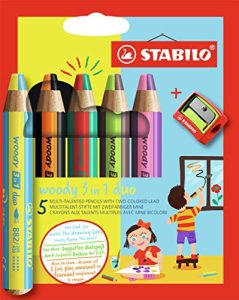 STABILO – Lápiz de color multitalento – woody 3 en 1 duo – Mina bicolor – Estuche de 5 – 10 colores y sacapuntas