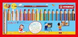 STABILO – Lápiz de color multitalento – woody 3 en 1 – Estuche de 18-18 colores, 1 sacapuntas y 1 pincel
