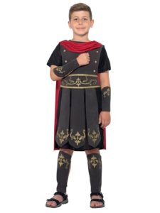 Smiffys Disfraz de soldado romano, Negro, con túnica, capa incorporada, muñequeras y espinilleras Halloween, Carnaval
