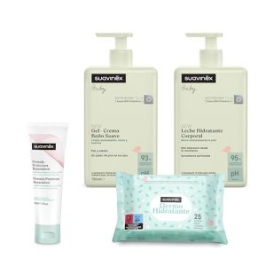 Suavinex, Pack Cosmética Gran Formato. Incluye: Gel-Champú Suave 750 ml + Leche Hidratante 750 ml + Pomada Pañal 50 ml + Toallitas 25 uds. Bebé Recién Nacido, 4 productos