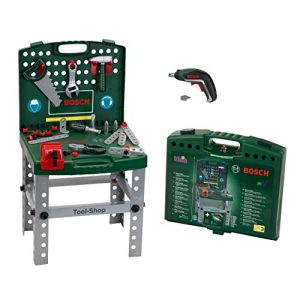 Theo Klein 8676 Banco de trabajo Bosch I Con destornillador eléctrico Ixolino de Bosch a pilas I Plegable y fácil de transportar I Para niños a partir de 3 años