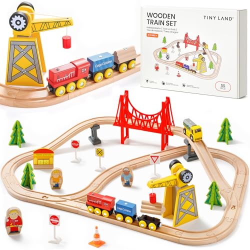 Tiny Land Juego de Trenes de Grúa, 55 Piezas, Pistas de Madera y Grúa Exclusiva y Trenes, Compatible con Otras Marcas líderes, Kit de Ferrocarril de Juguete Empaquetado de Regalo