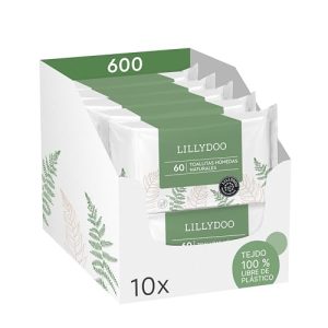 Toallitas húmedas naturales LILLYDOO green, 600 unidades (10×60), 100% sin plástico y resistentes – sin perfumes, limpieza delicada y suave para piel sensible, dermatológicamente testadas