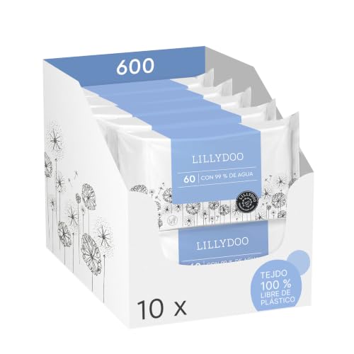 Toallitas húmedas para bebés LILLYDOO con un 99% de agua, 10 paquetes de 60 (600 unidades), 100% libres de plástico sin perfumes y tan suave como el algodón y el agua
