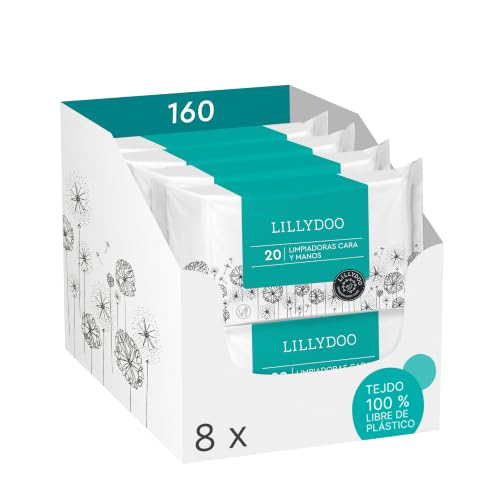 Toallitas limpiadoras cara y manos LILLYDOO, 160 unidades (8 x 20), 100% tejido libre de plástico, sin perfumes
