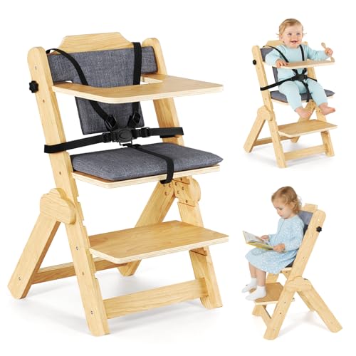 Trona de madera multifunción ergonómica con cinturón de seguridad de 5 puntos para bebés de 6 meses a 10 años, capacidad de carga de 25 kg, fácil montaje