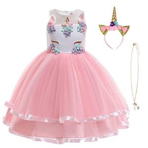 URAQT Disfraz Unicornio Niña, Vestido Princesa Con Diadema y Collar, Para Diario, Cosplay, Halloween, Carnaval, Fiesta, Boda, 120cm