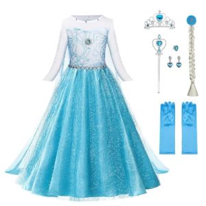 URAQT Vestido Princesa con Accesorios, Disfraz de Dibujos Animados Nieve para Niña, Halloween, Fiestas, Cosplay, Cumpleaños, Carnaval, Verde (120cm)