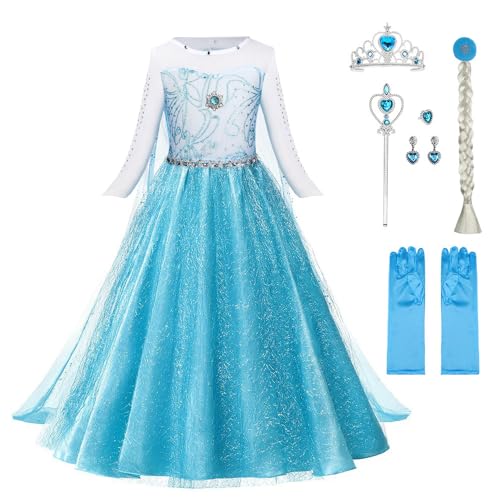 URAQT Vestido Princesa con Accesorios, Disfraz de Dibujos Animados Nieve para Niña, Halloween, Fiestas, Cosplay, Cumpleaños, Carnaval, Verde (120cm)