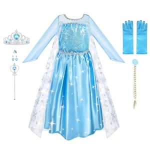 URAQT Vestidos Princesa, Disfraz Vestido Princesa para Niñas con Accesorios, Traje Princesas Niñas con Capa de Copos de Nieve Brillantes, Disfraz de Halloween para Niña de Cosplay, Carnaval, 110