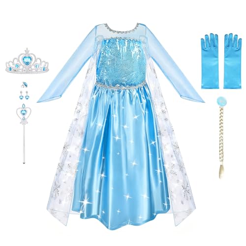 URAQT Vestidos Princesa, Disfraz Vestido Princesa para Niñas con Accesorios, Traje Princesas Niñas con Capa de Copos de Nieve Brillantes, Disfraz de Halloween para Niña de Cosplay, Carnaval, 110