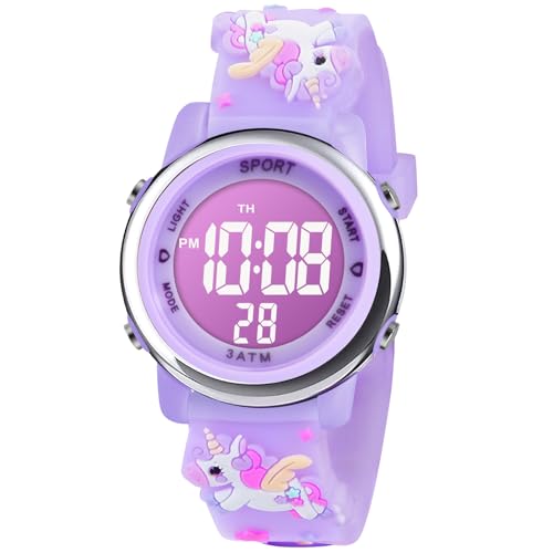 Vicloon Reloj Digital de Pulsera, Luz Intermitente LED de 7 Colores, Reloj Multifunción de Unicornio, para Niños de 3 a 12 años – Morado Claro