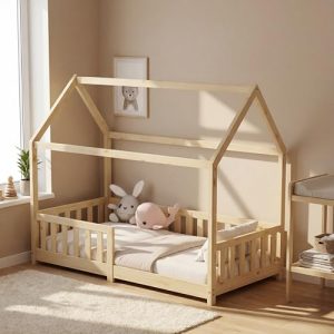 ecomi® Cama Infantil con Protección Anticaídas y Somier, Cama de Casa – Cuna 90×200 /80×160 cm en Blanco/Natural para Niños (Natural, 90×200)
