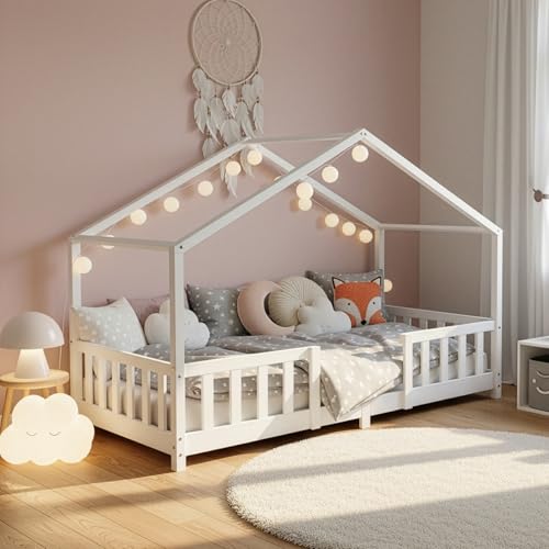 [en.casa] Cama Infantil Treviolo Forma de casita Pino 80×160 cm Blanco