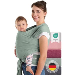 Fular portabebés de Laneli, 100% algodón ecológico, para recién nacidos de hasta 15 kg, fabricación europea, transpirable, sin elastano artificial, color verde
