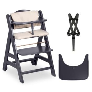 hauck Beta Plus Trona Evolutiva Madera con Certificado FSC® Cojín y Bandeja, Trona Bebe Evolutiva a partir de 6 Meses con Arnés de Seguridad y Ruedas, Sistema Antivuelco, Gris