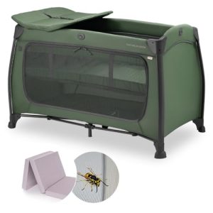 hauck Play n Relax Center Set de Cuna de Viaje Bebe con Colchon y Mosquitera | Dos Alturas para Recién Nacidos – Parque Infantil con Cambiador y Ruedas – Verde