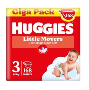 Huggies Little Movers Pañales para Bebé con Diseños Disney Talla 3 (4-9 kg), Comodidad para la Piel 24/7, 3 Packs de 56, Total 168 Pañales