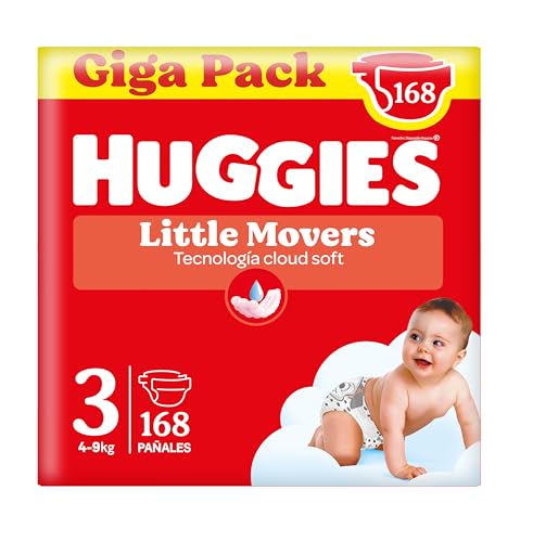 Huggies Little Movers Pañales para Bebé con Diseños Disney Talla 3 (4-9 kg), Comodidad para la Piel 24/7, 3 Packs de 56, Total 168 Pañales