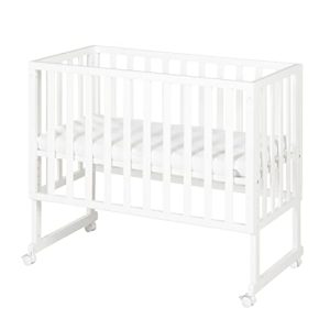 roba Cuna Colecho 45 x 90 cm Safe Asleep 3 en 1 – Altura Ajustable – Conjunto Completo con Cuna, Colchón, Barrera de Tela y Ruedas con Freno – Madera Blanca