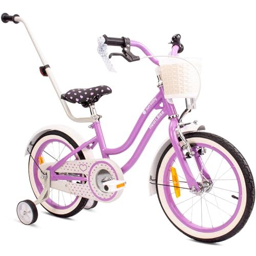 sun baby Heart Bike Bicicleta Infantil para niña 16 Pulgadas, Desde 4 años, con ruedines, Barra de Empuje, Cesta, Timbre, Freno contrapedal y V-Brake (Morado, 16 Pulgadas)