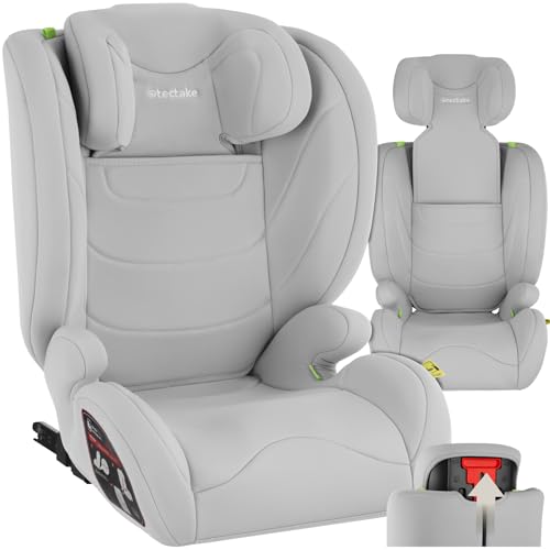 tectake® Silla de Coche Infantil, Homologada i-Size ECE R129, Con ISOFIX, Cinturón de 3 Correas, Reposacabezas Regulable, Acolchado Extragrueso, Hatsa 36 Kg, Funda Extraíble, 100-150 cm – gris claro